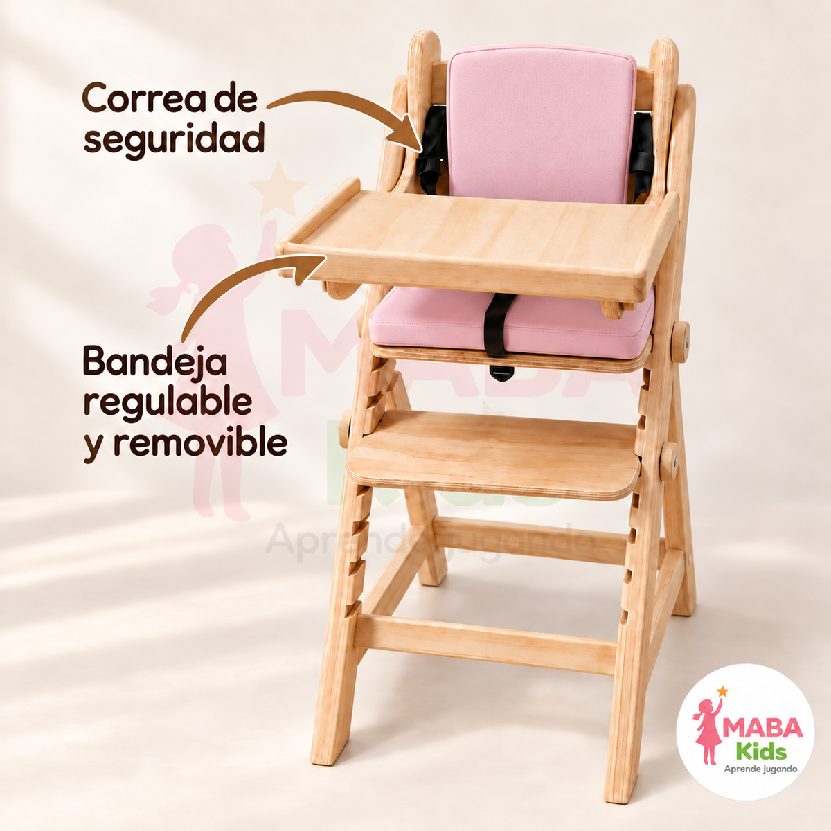 Silla de Comer Evolutiva Montessori de Madera Color Rosa y Perla