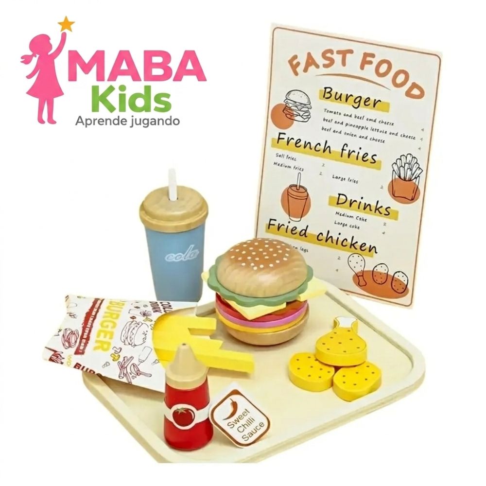 Set de hamburguesa y papas de madera Montessori