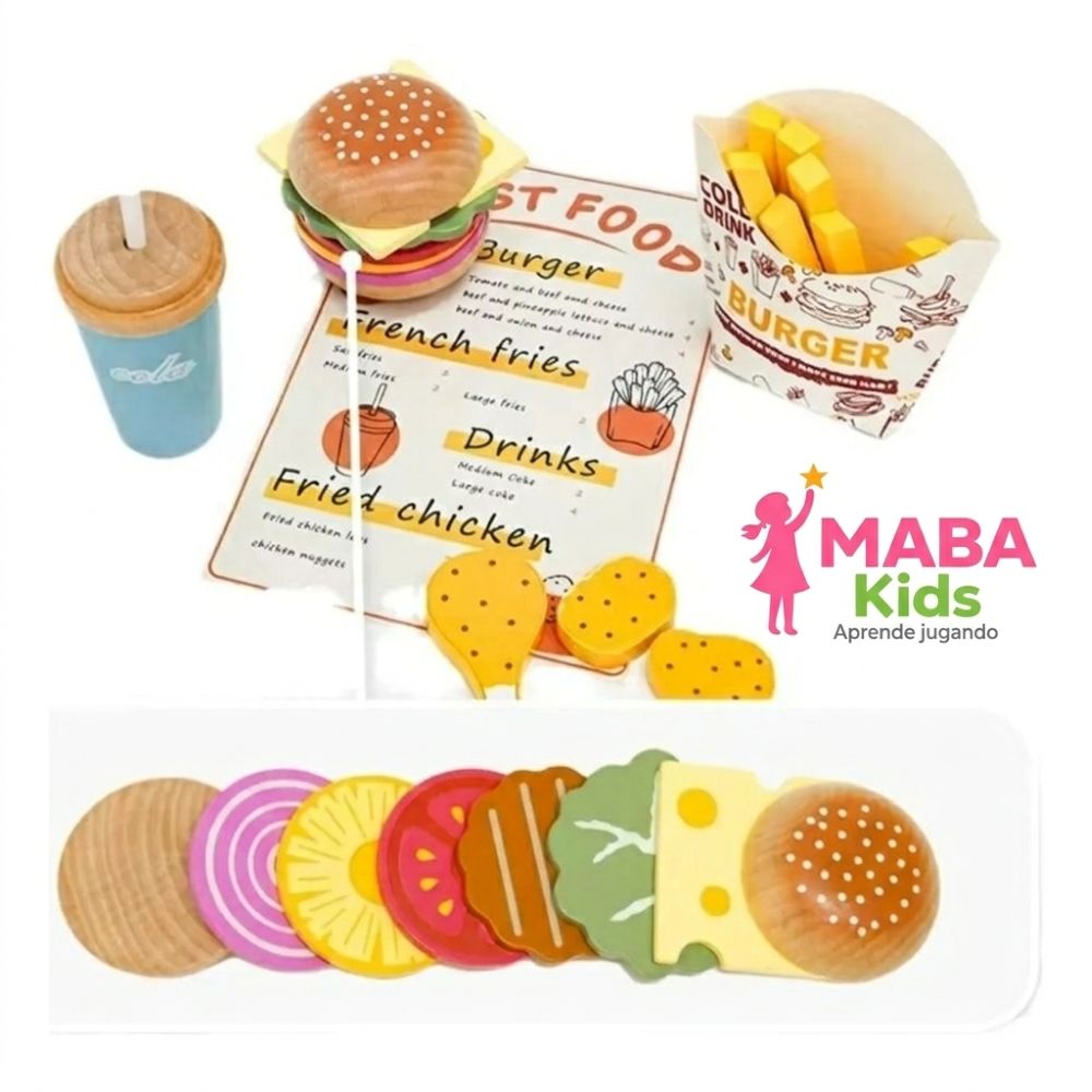 Set de hamburguesa y papas de madera Montessori