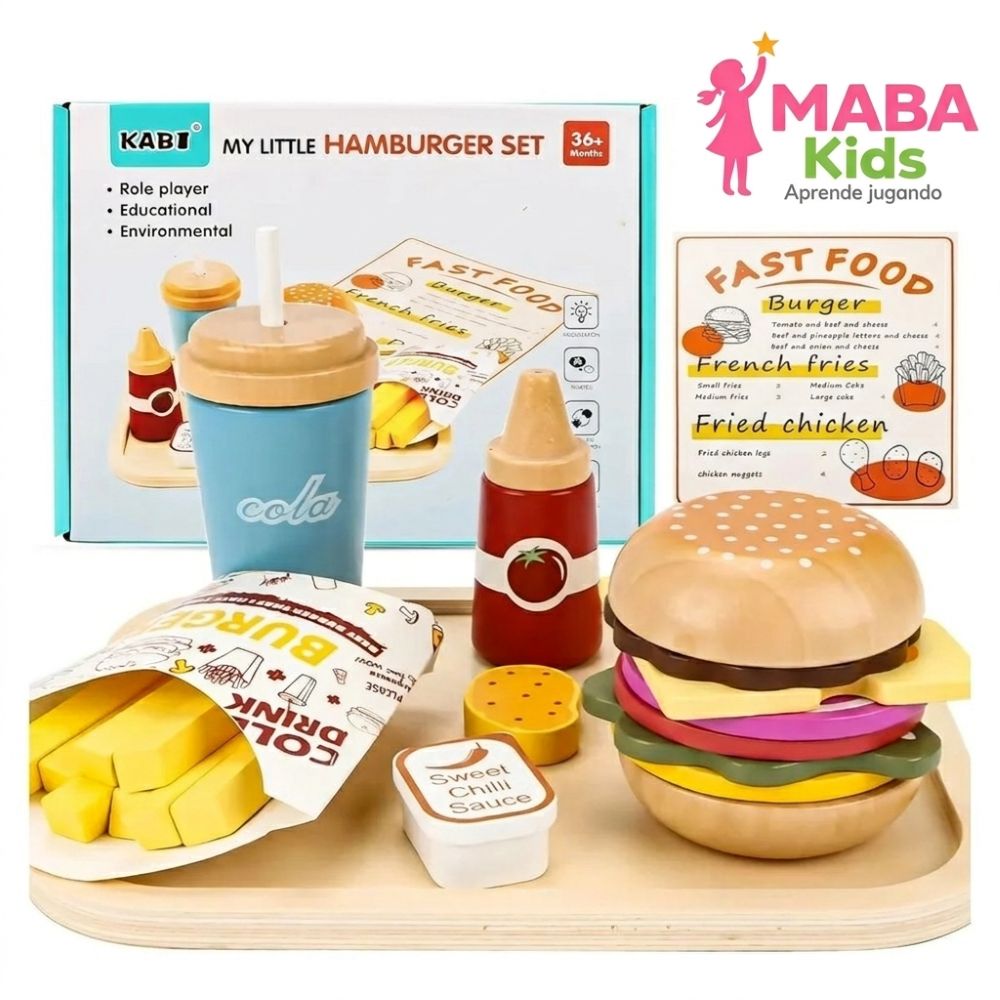 Set de hamburguesa y papas de madera Montessori
