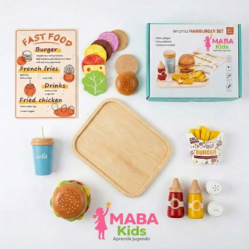 Set de hamburguesa y papas de madera Montessori