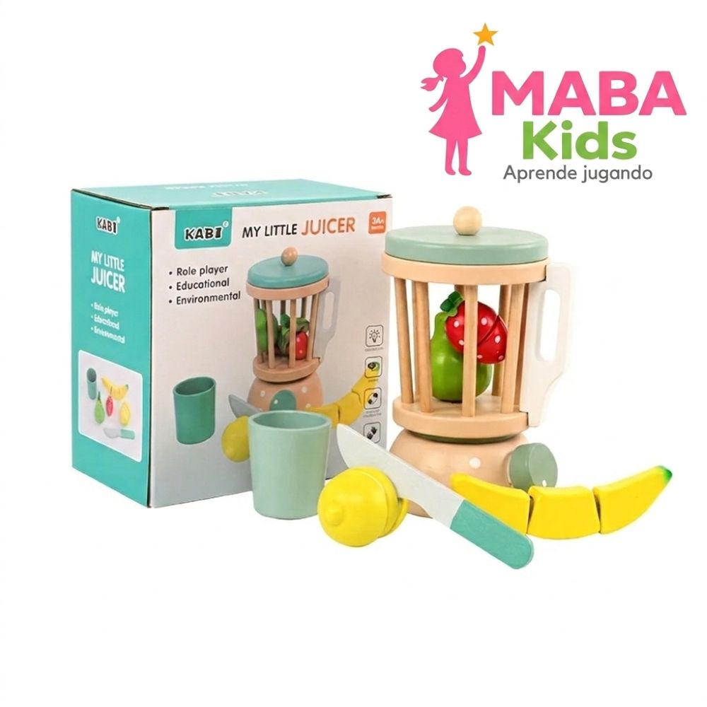 Licuadora de juguete con frutas en madera Montessori
