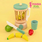 Licuadora de juguete con frutas en madera Montessori