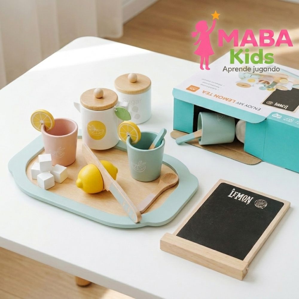 Set de té con limón y pizarra de menú Montessori