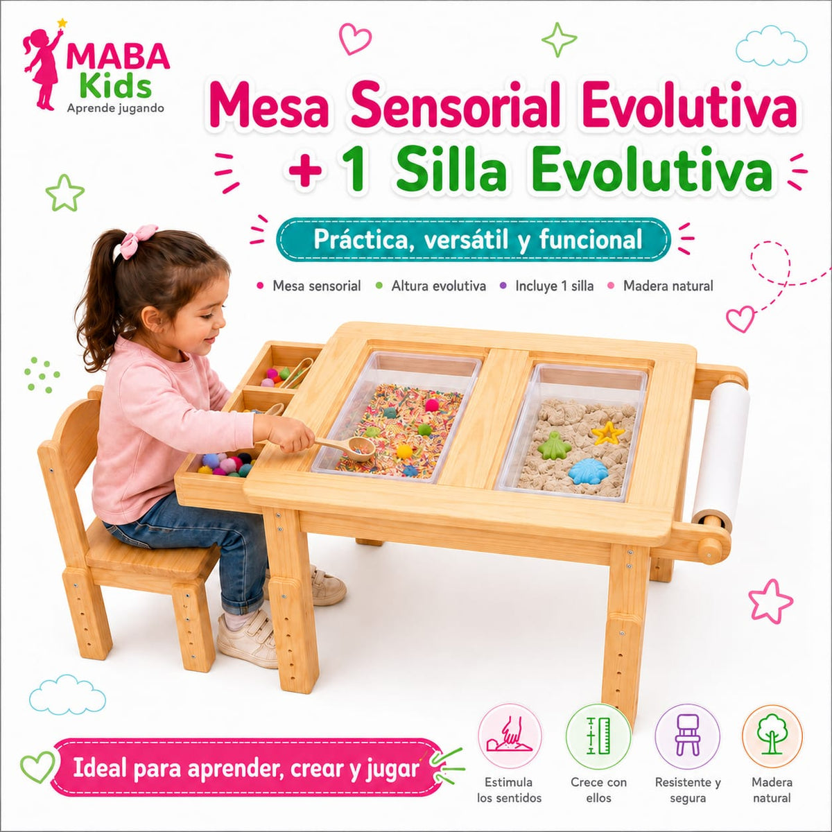 Mesa Evolutiva Sensorial Montessori + 1 Silla Evolutiva