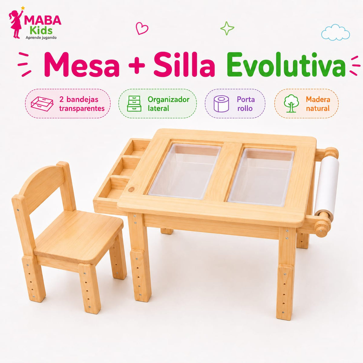 Mesa Evolutiva Sensorial Montessori + 1 Silla Evolutiva