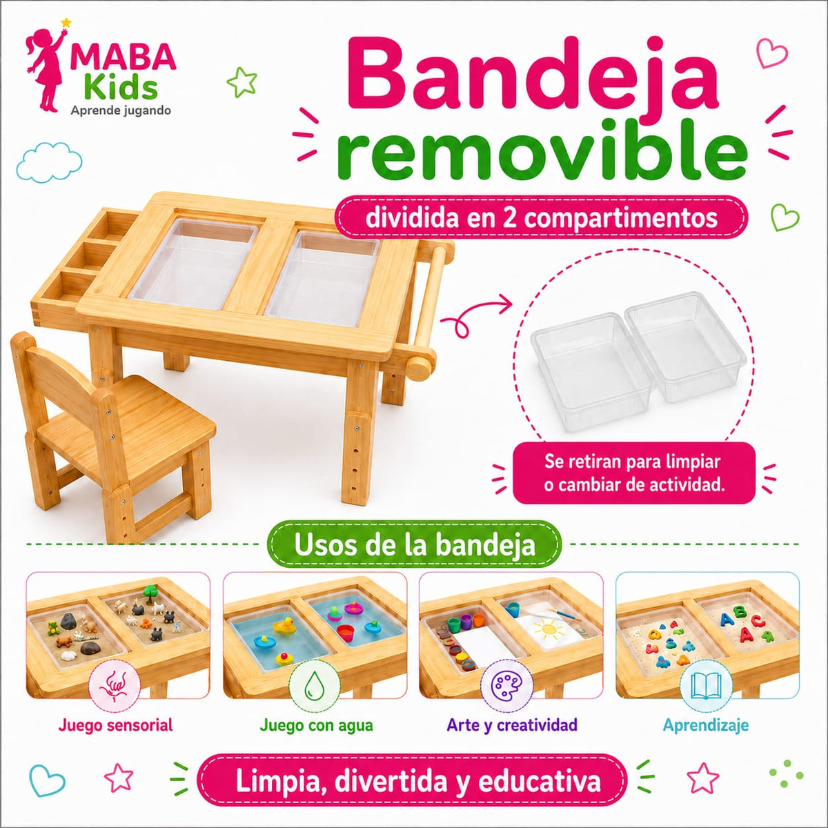 Mesa Evolutiva Sensorial Montessori + 1 Silla Evolutiva