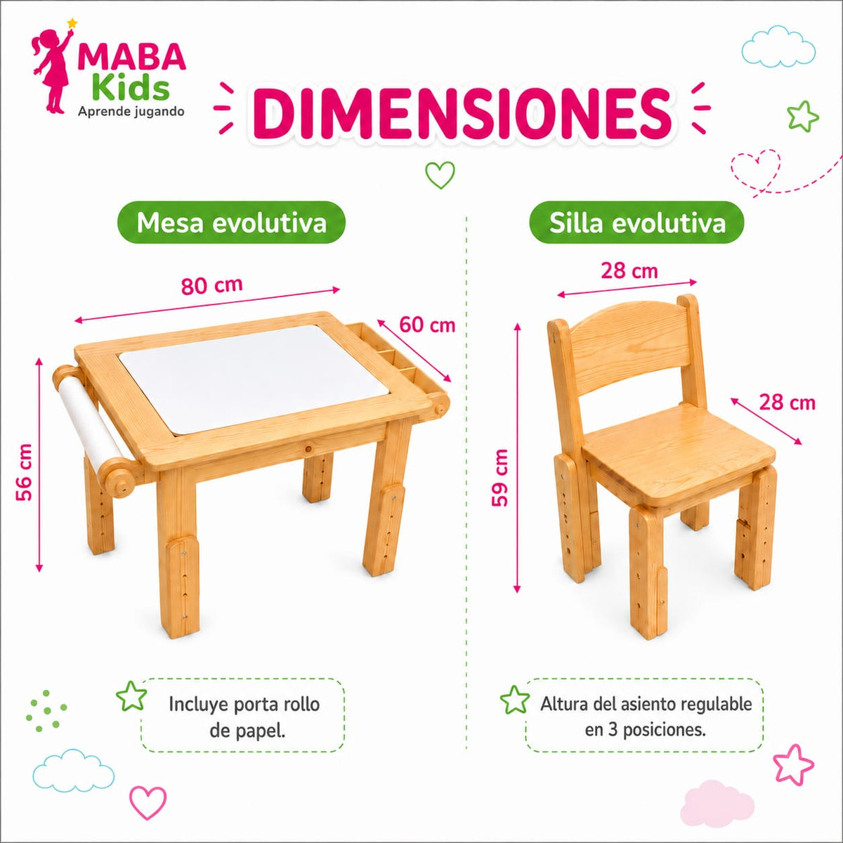 Mesa Evolutiva Sensorial Montessori + 1 Silla Evolutiva